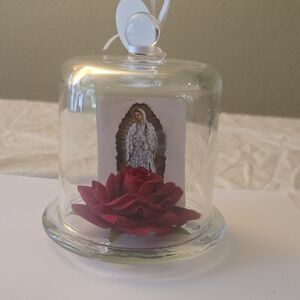 Glass Dome with Red Rose and Religious Icon